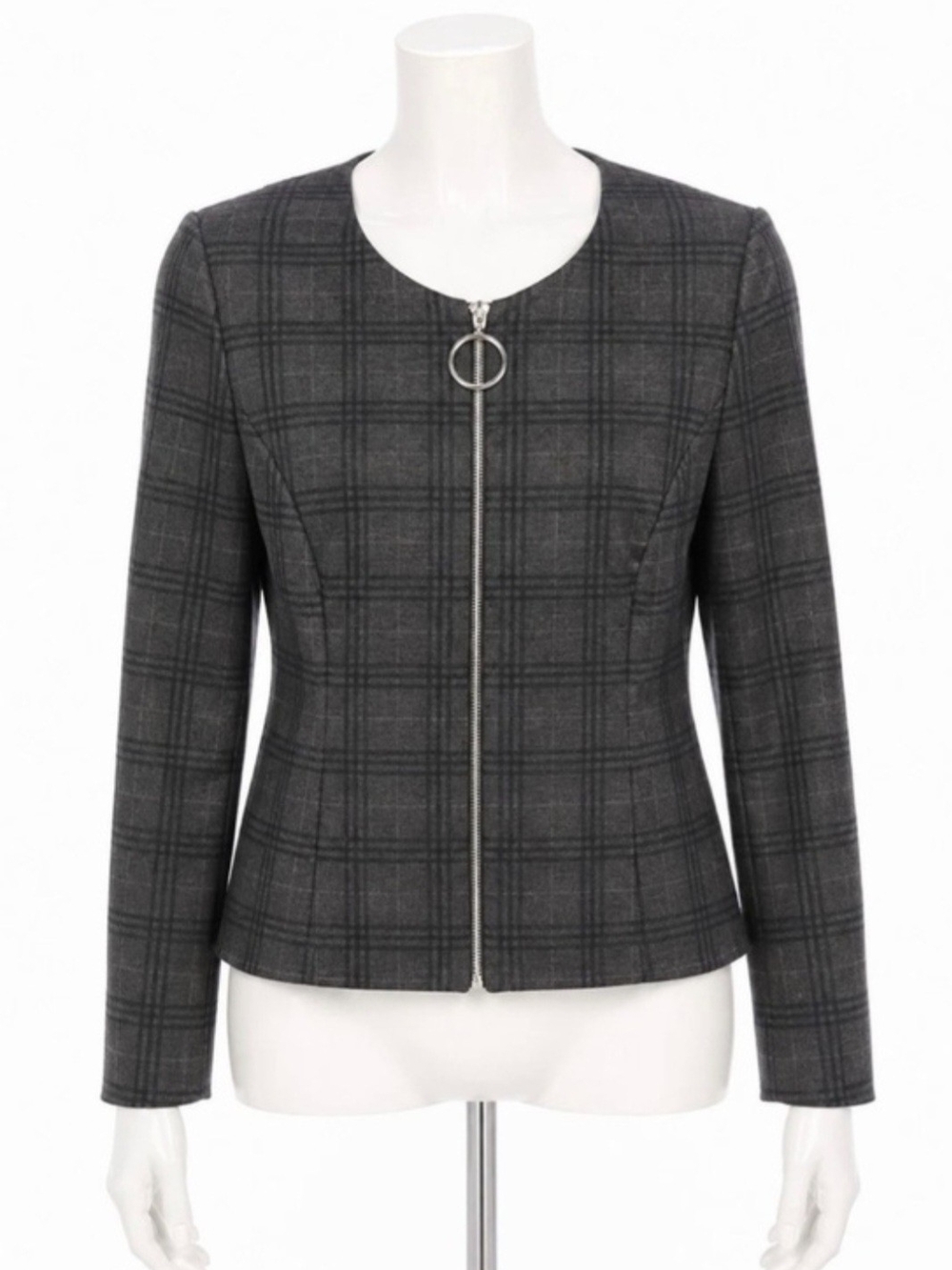 Calvin Klein Charcoal Plaid Zip-Front Collarless Jacket